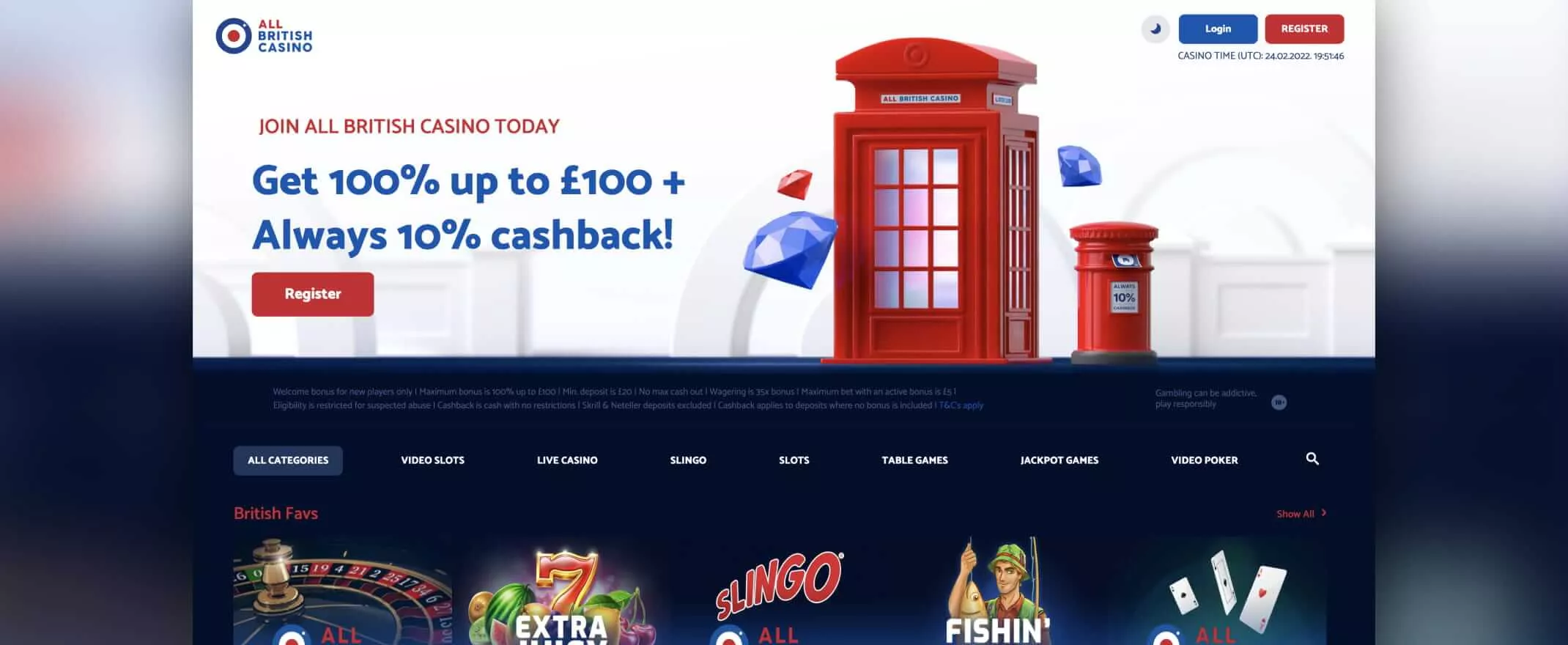 All British Casino screenshot of the homepage