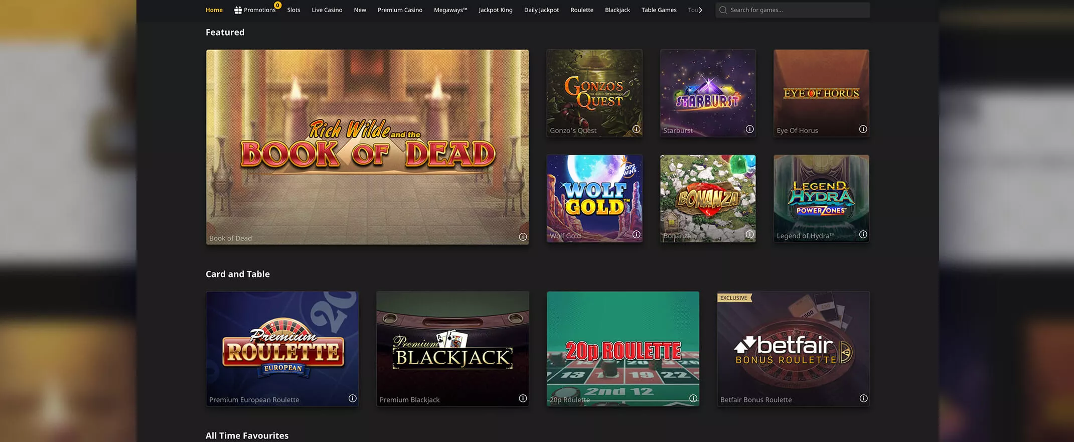 Betfair Casino screenshot of the games