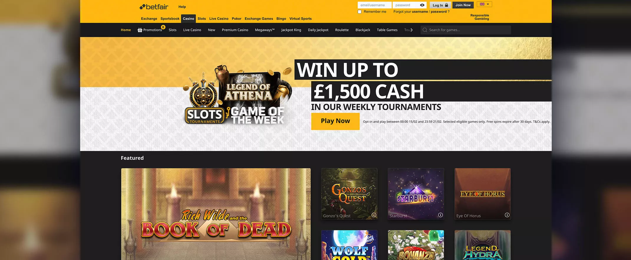 Betfair screenshot of the homepage