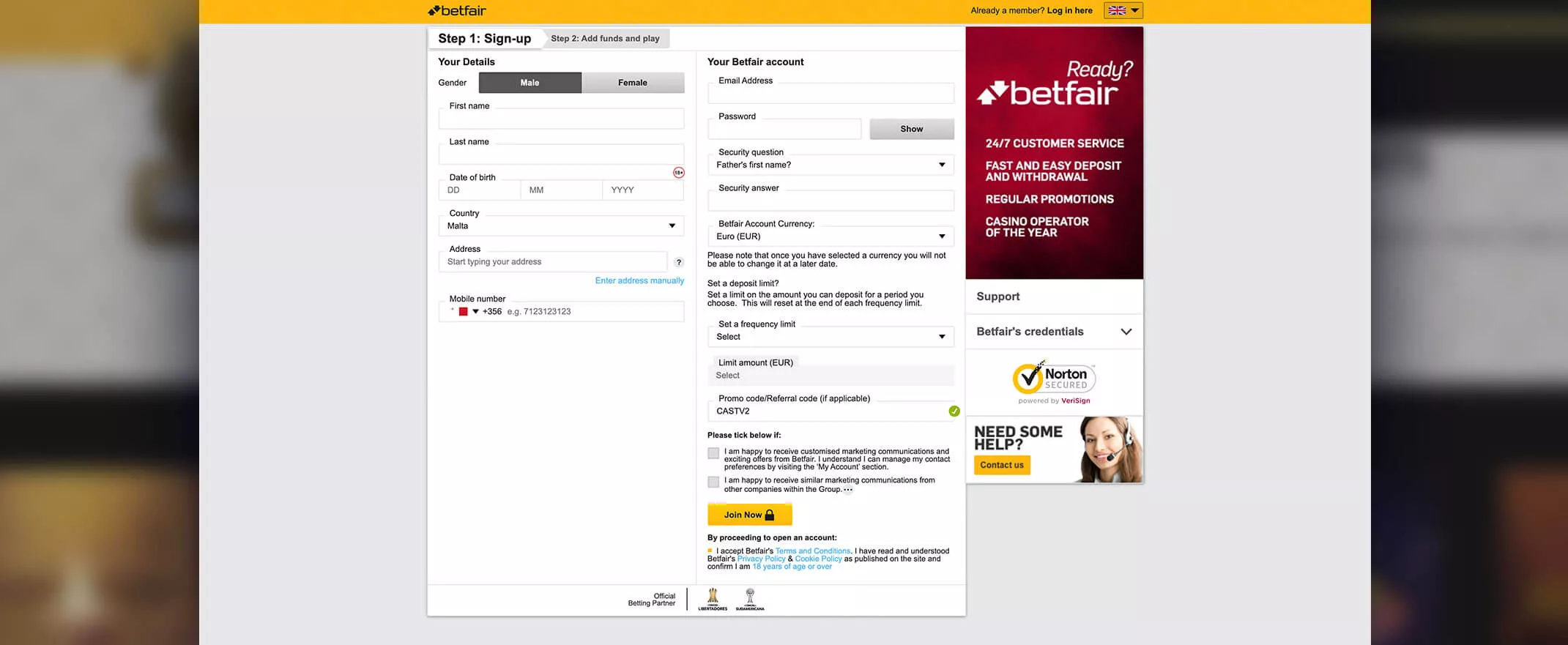 Betfair Casino screenshot of the registration