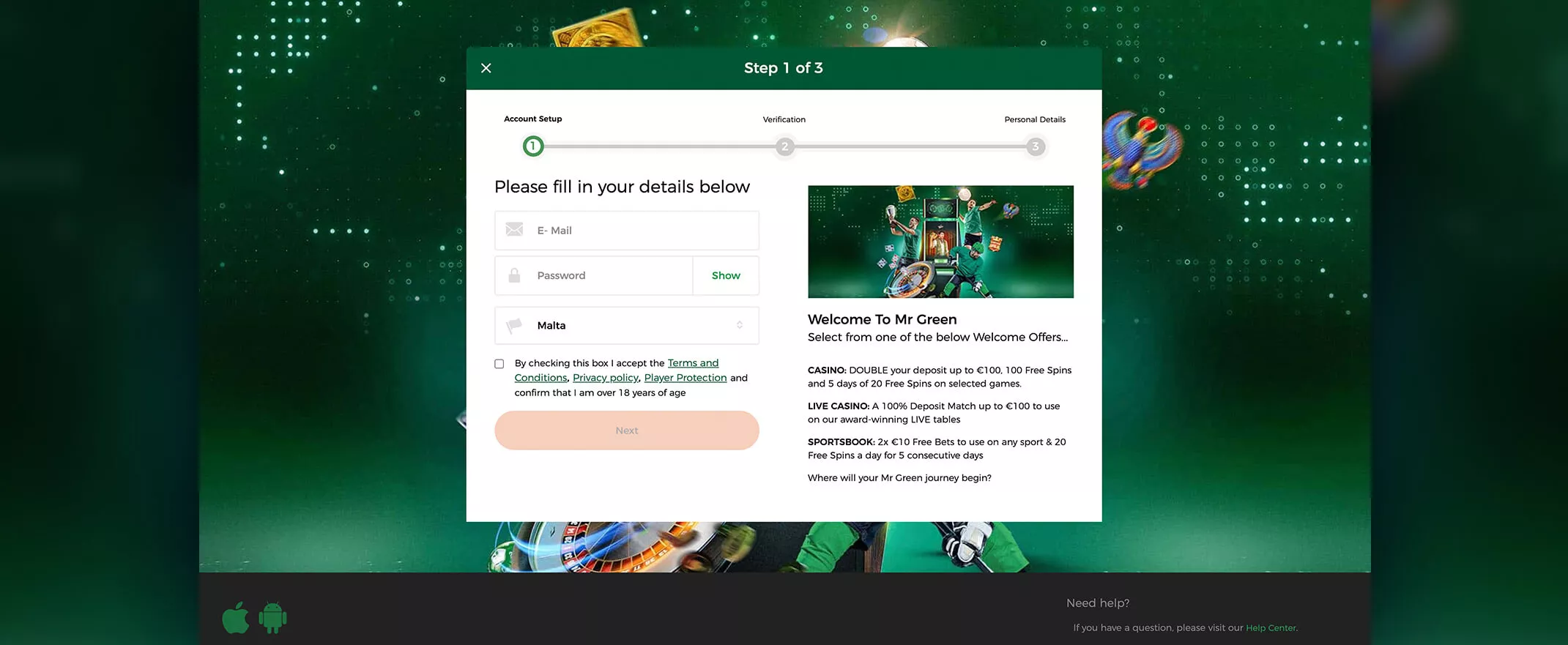 Mr Green casino registration screenshot