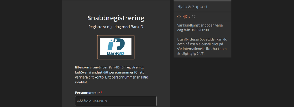 Storspelare Casino registrering med BankID