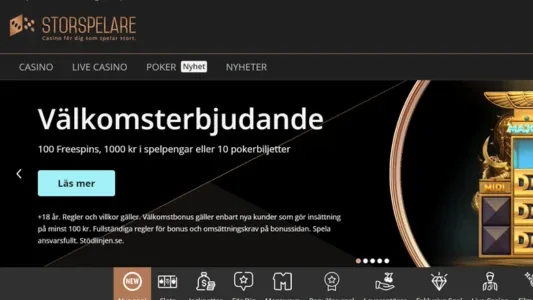 Svart bakgrund, vit text och en spelautomat i bakgrunden