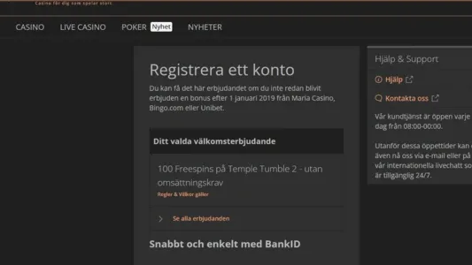 Svart registreringsfönster med vit text