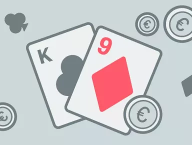 Baccarat - pelikortti kuningas ja ysi, taustalla pata, ruutu, risti ja hertta sekä euroja - JohnSlots