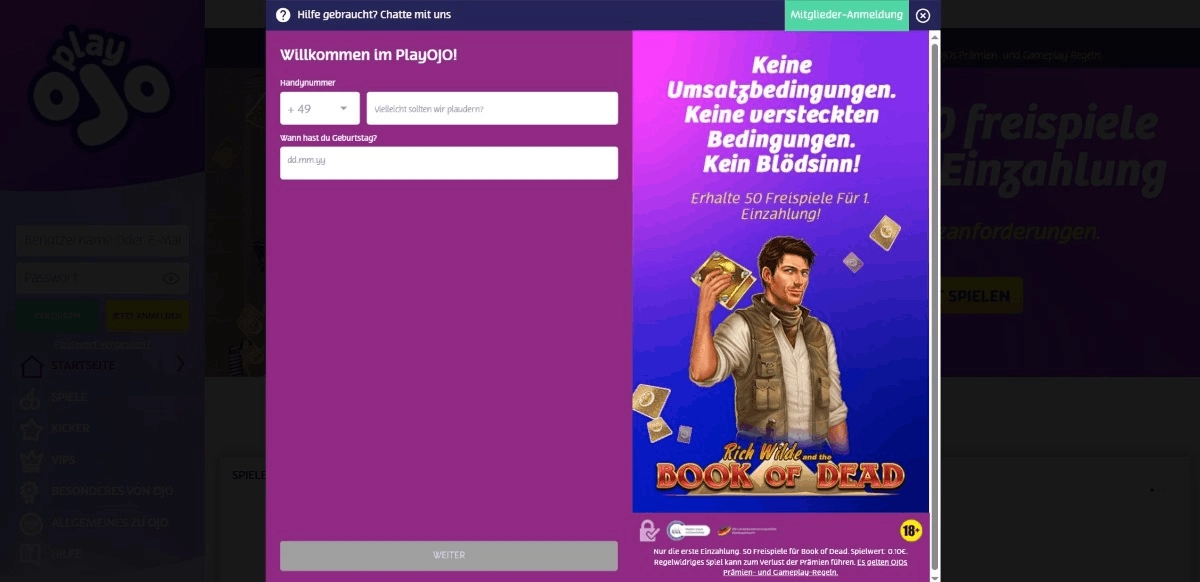 Registrieren auf PlayOJO
