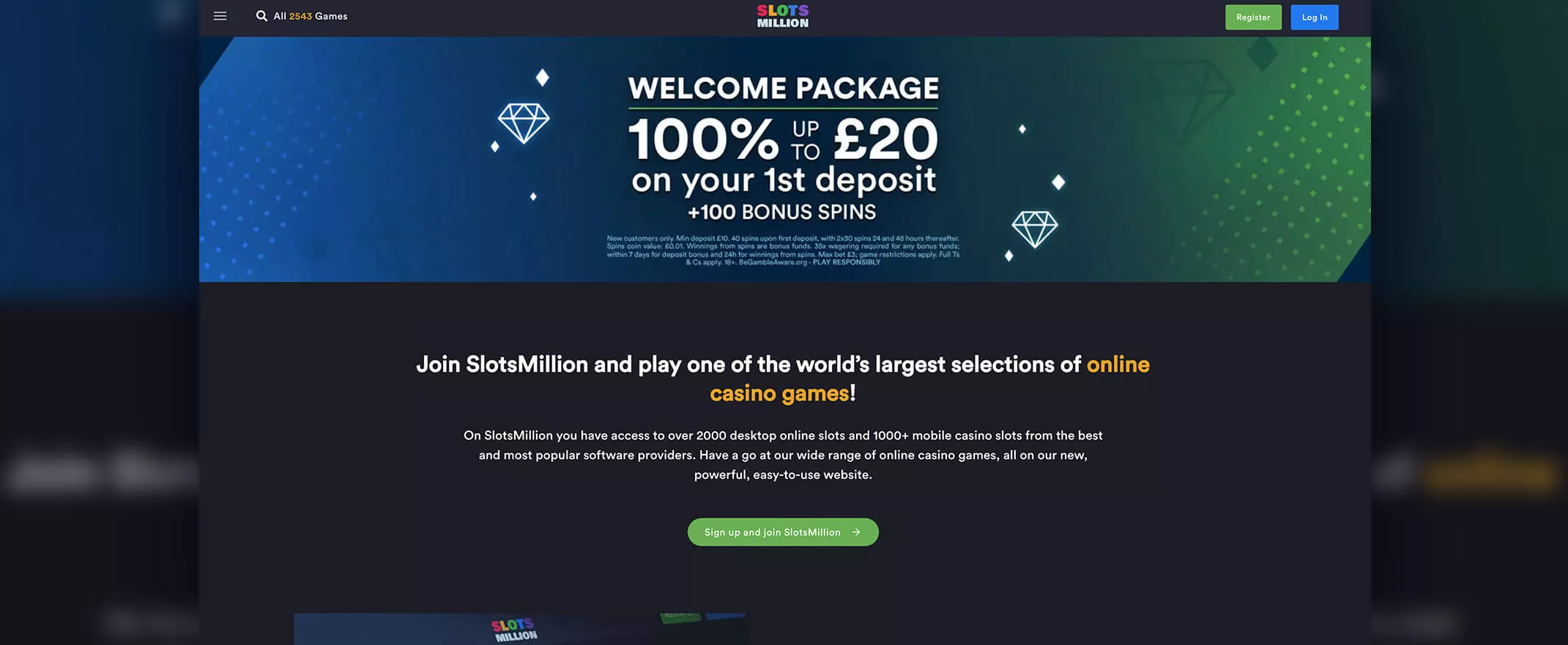 SlotMillion screenshot of the homepage