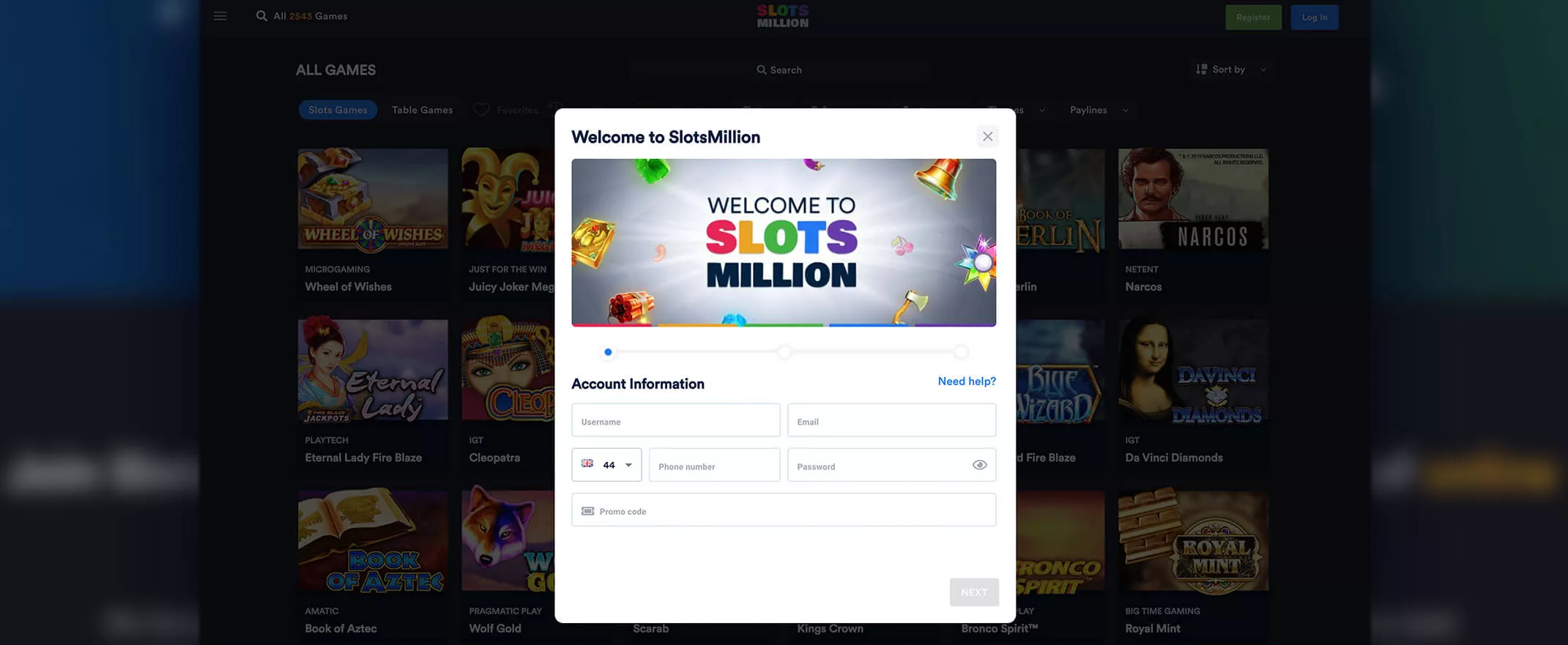 SlotMillion screenshot of the registration page