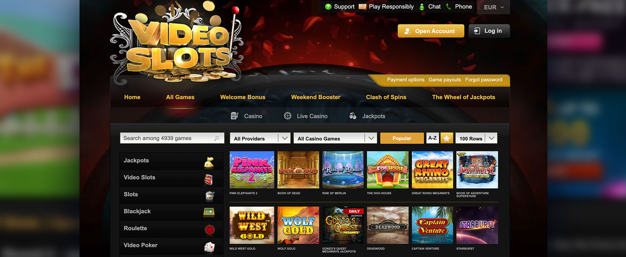 Videoslots games screenshot