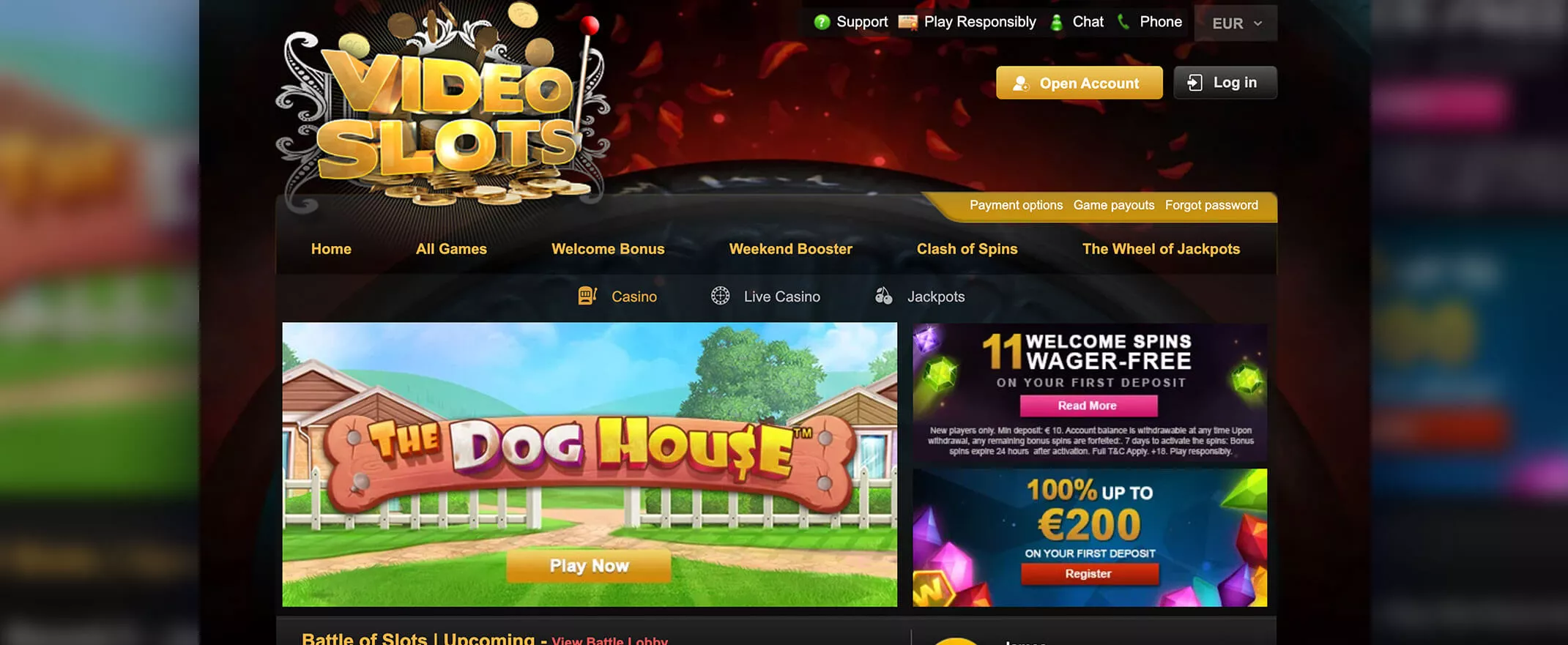 Videoslots homepage screenshot