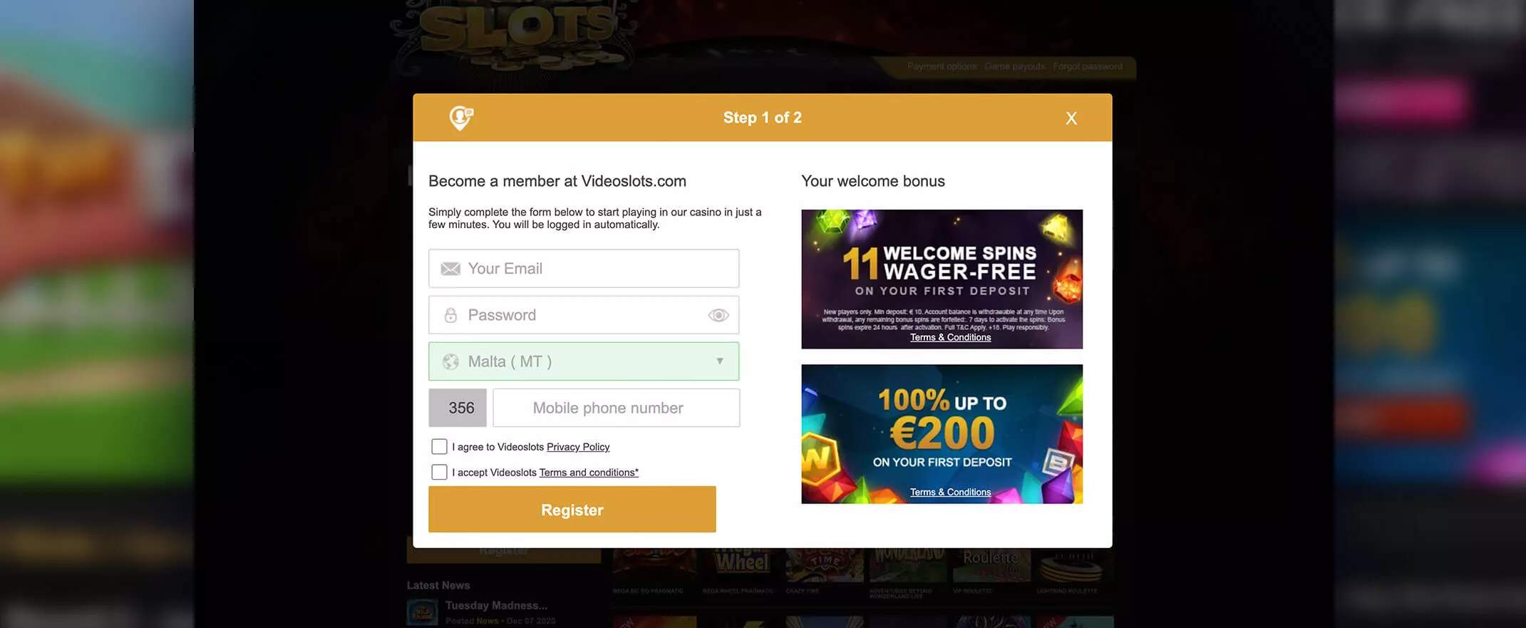 Videoslots Registration screenshot