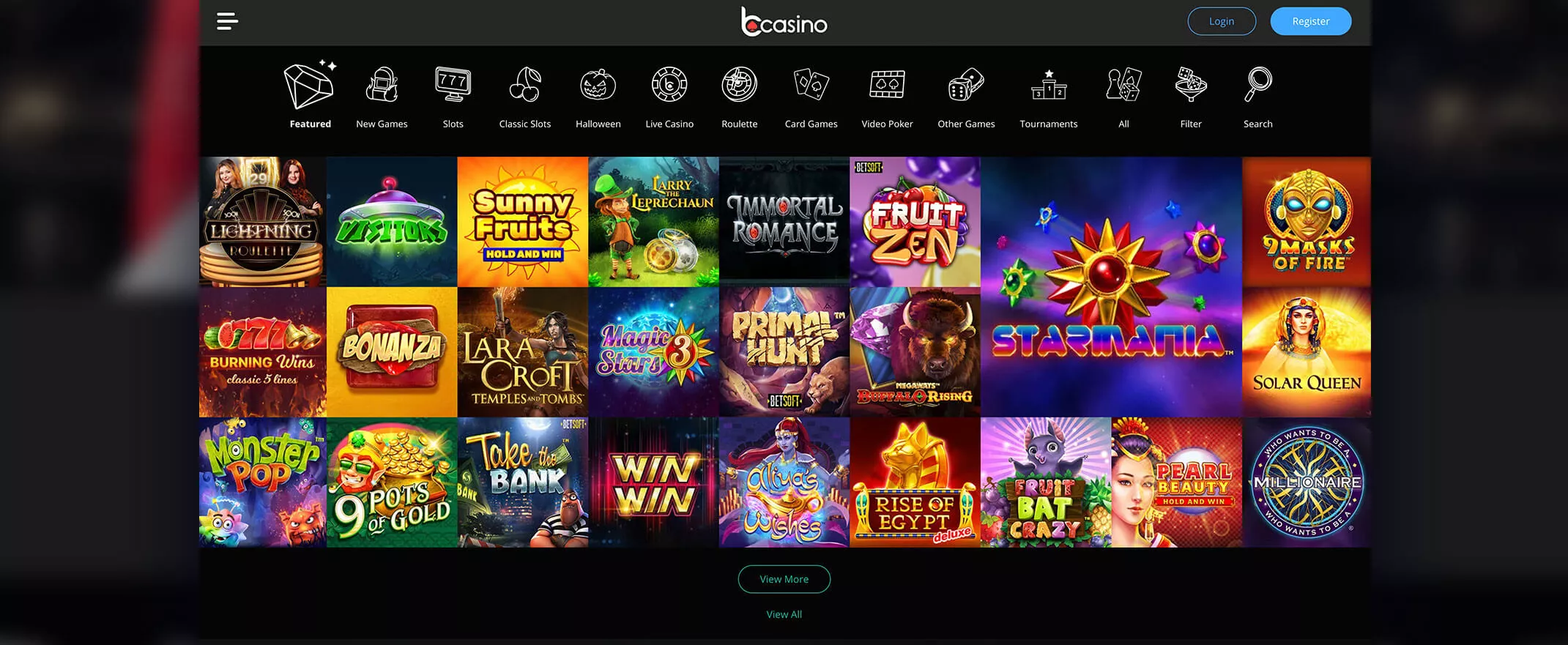 bCasino screenshot of the games page