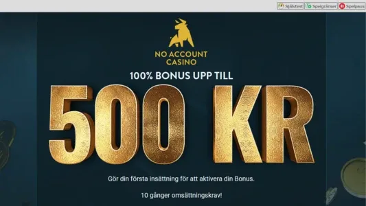 500 kr i guldfärg på en mörkblå bakgrund hos No Account Casino