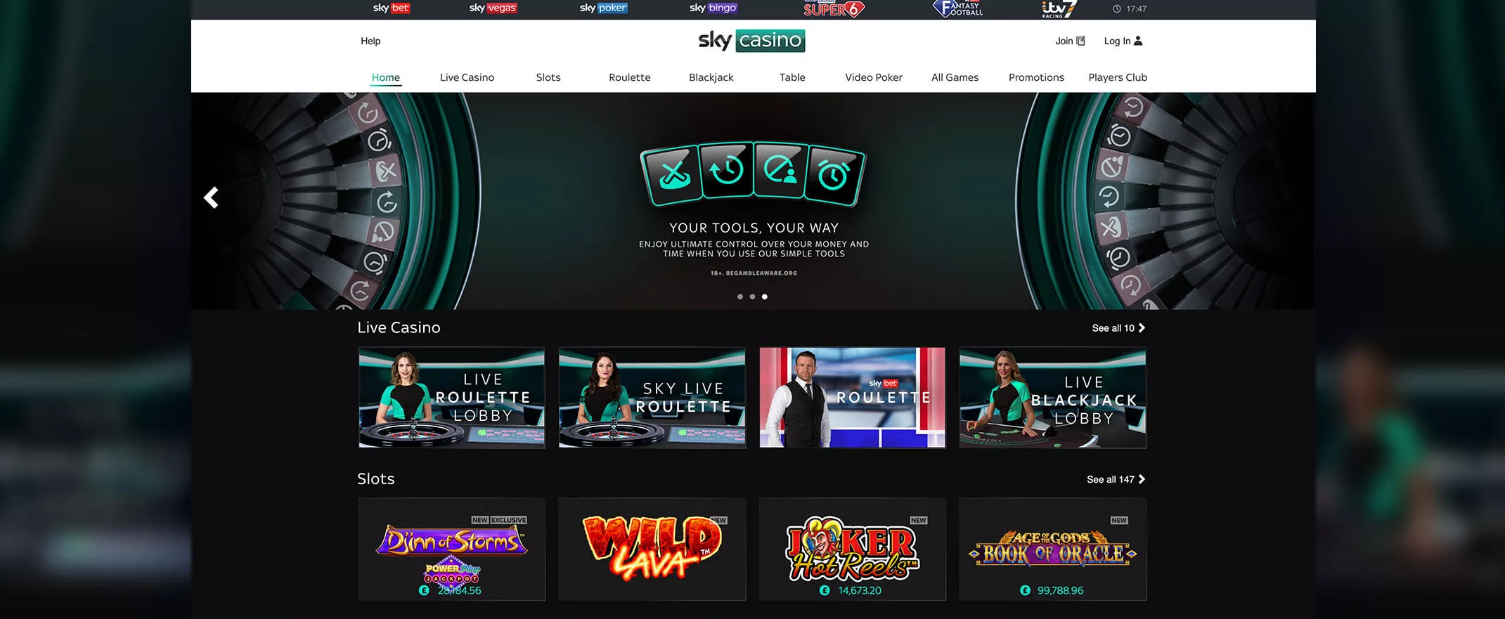 Sky Casino screenshot of the homepage
