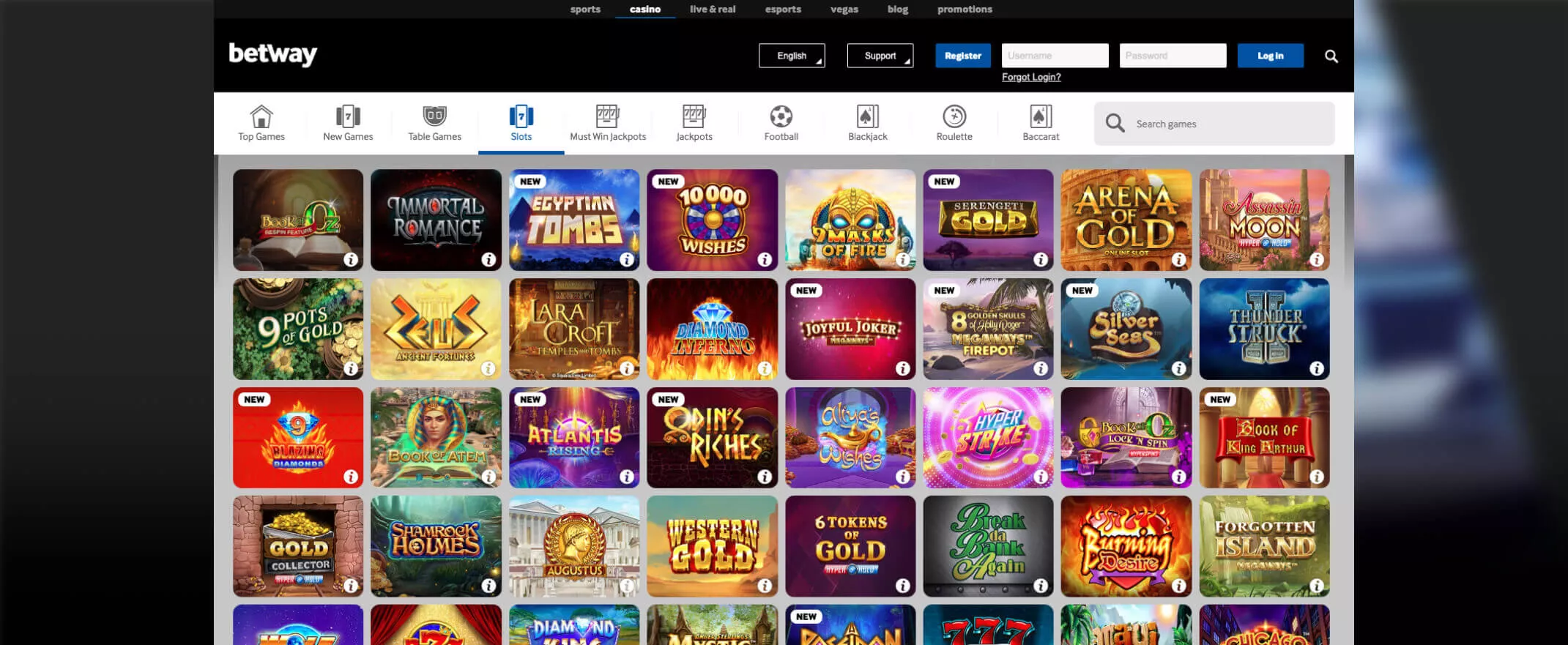 Betway casino review screenshot of the games