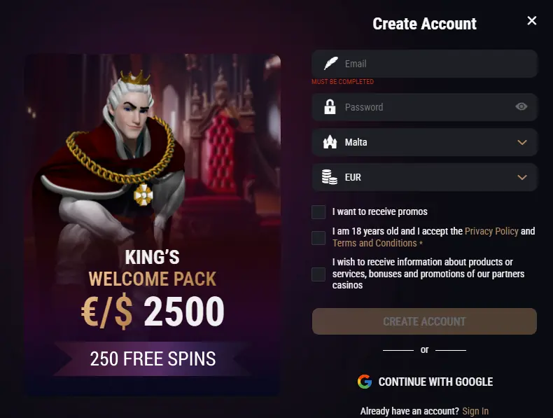king billy casino sign up