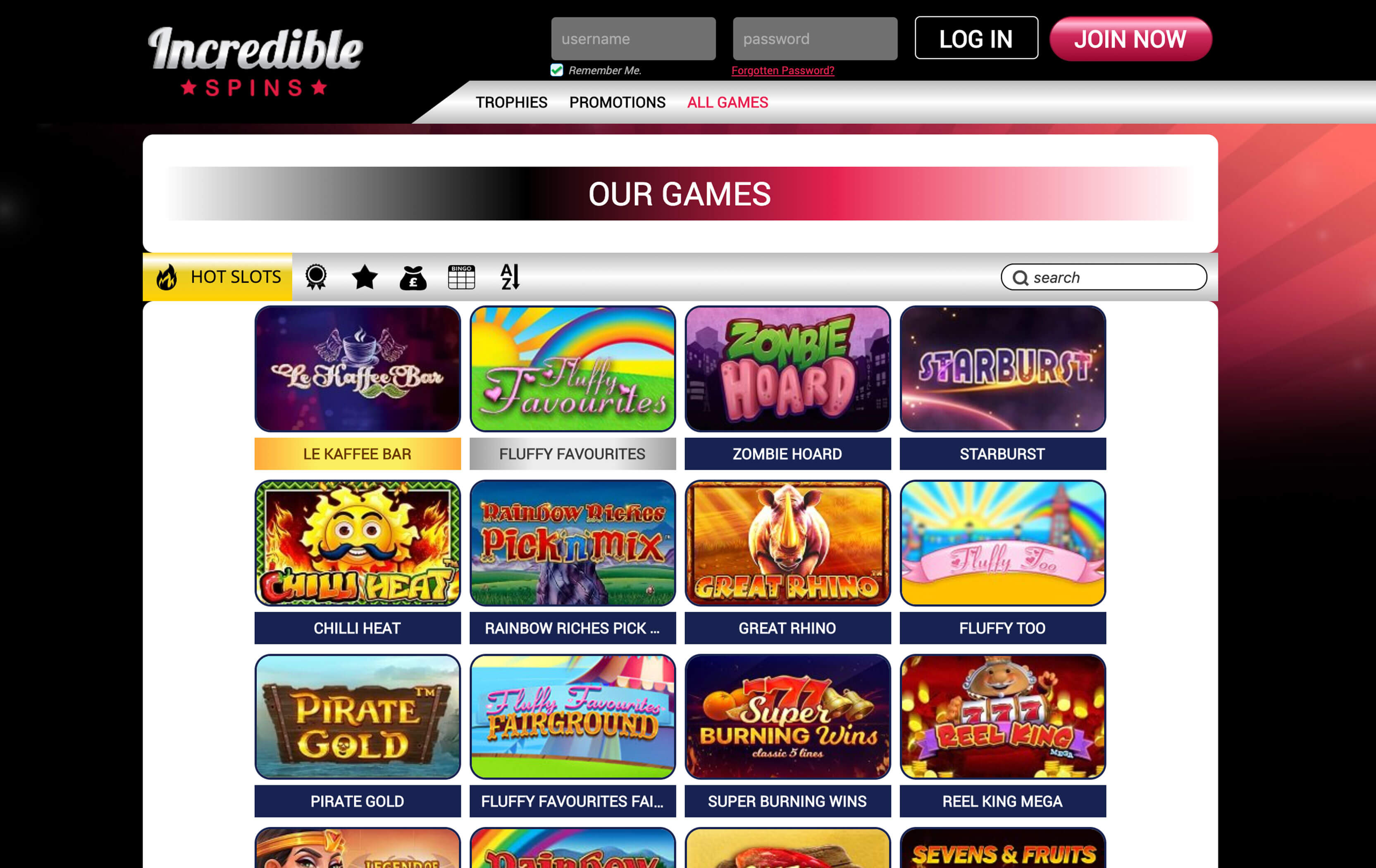 Incredible Spins Casino games and slots