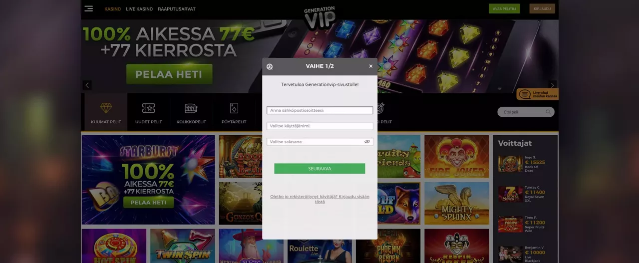 Pelitilin avaaminen Generation VIP -kasinolle