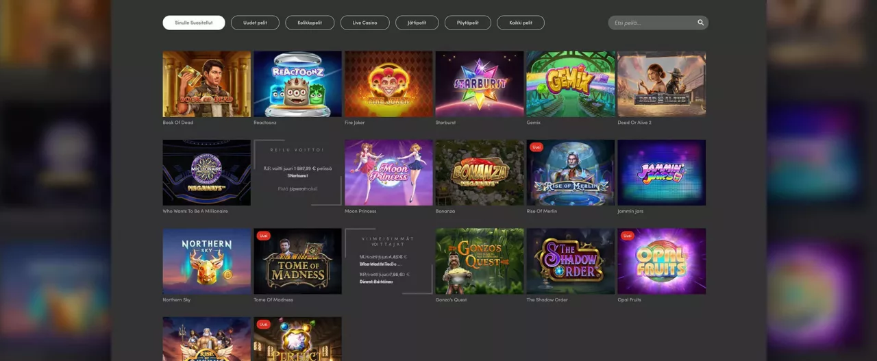Casinohuone pelivalikoima