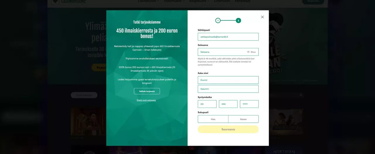 Casinohuone pelitilin avaaminen