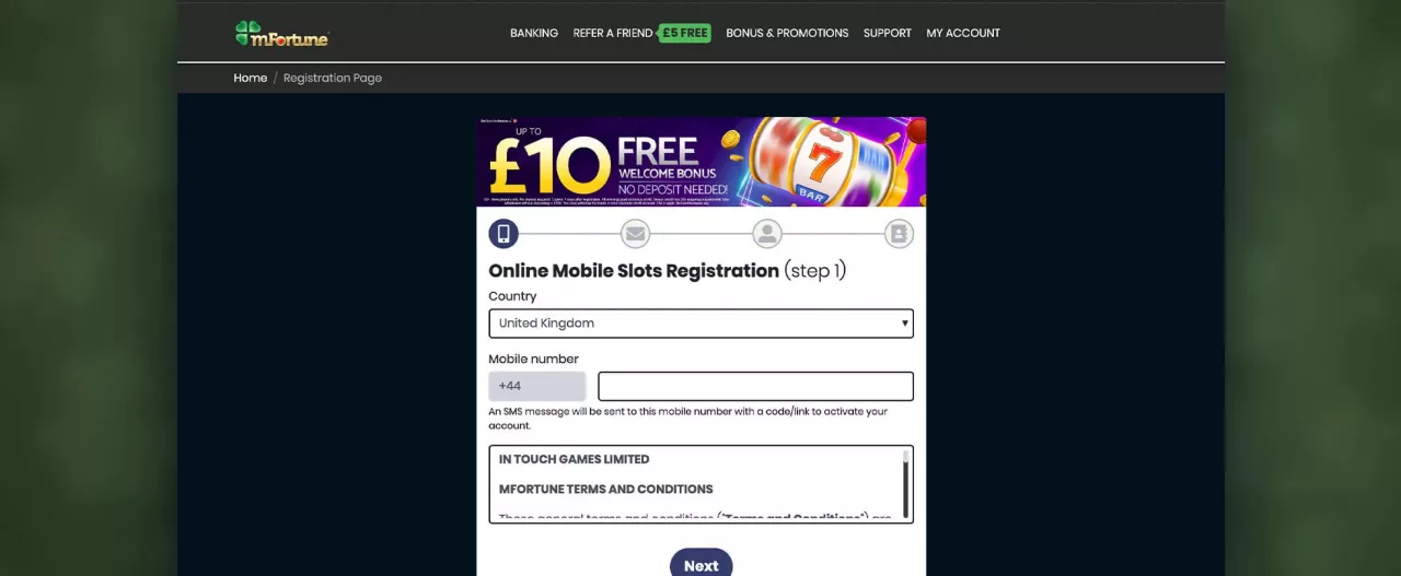 mFortune Casino registration