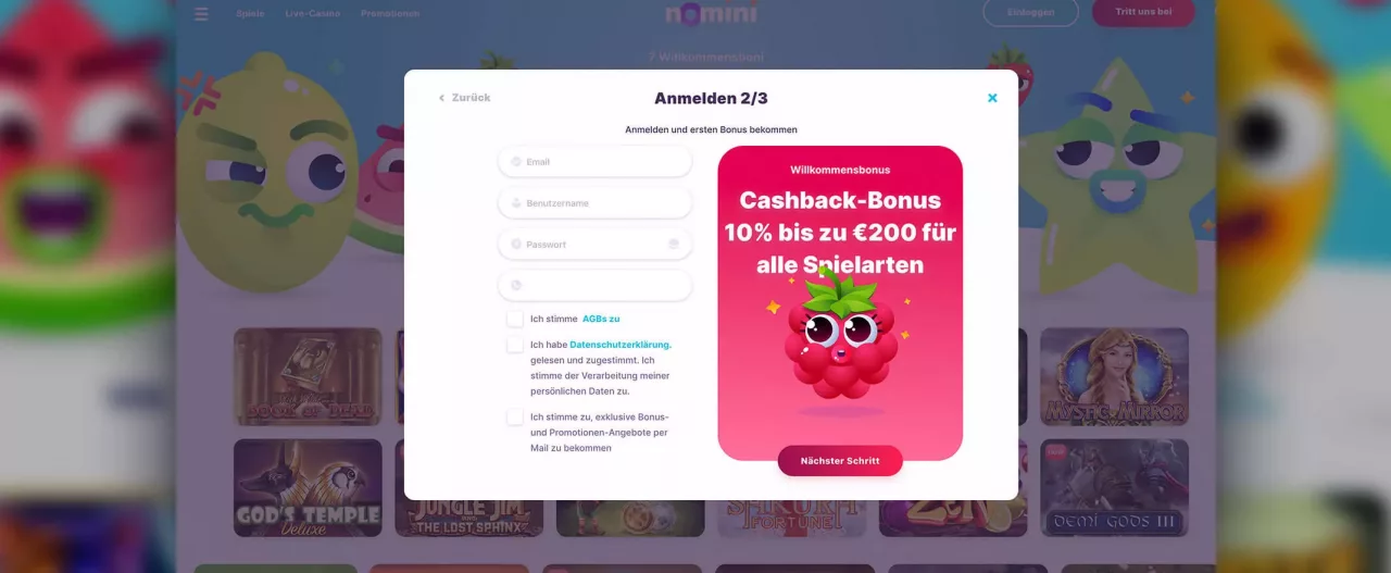 Registrierung beim Nomini Casino