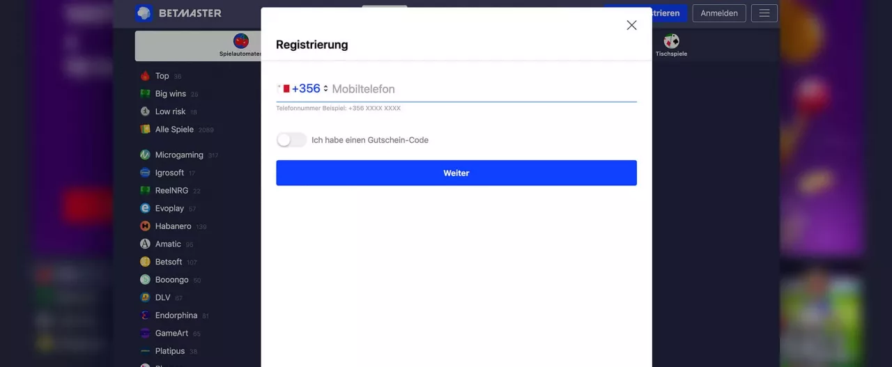 Betmaster Registrierung