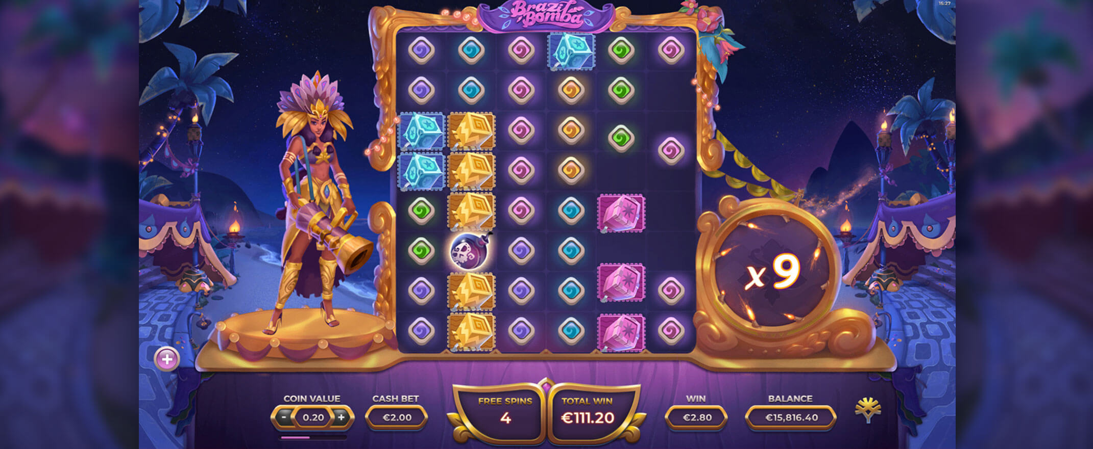 Brazil Bomba Slot from Yggdrasil - a screenshot of the reels