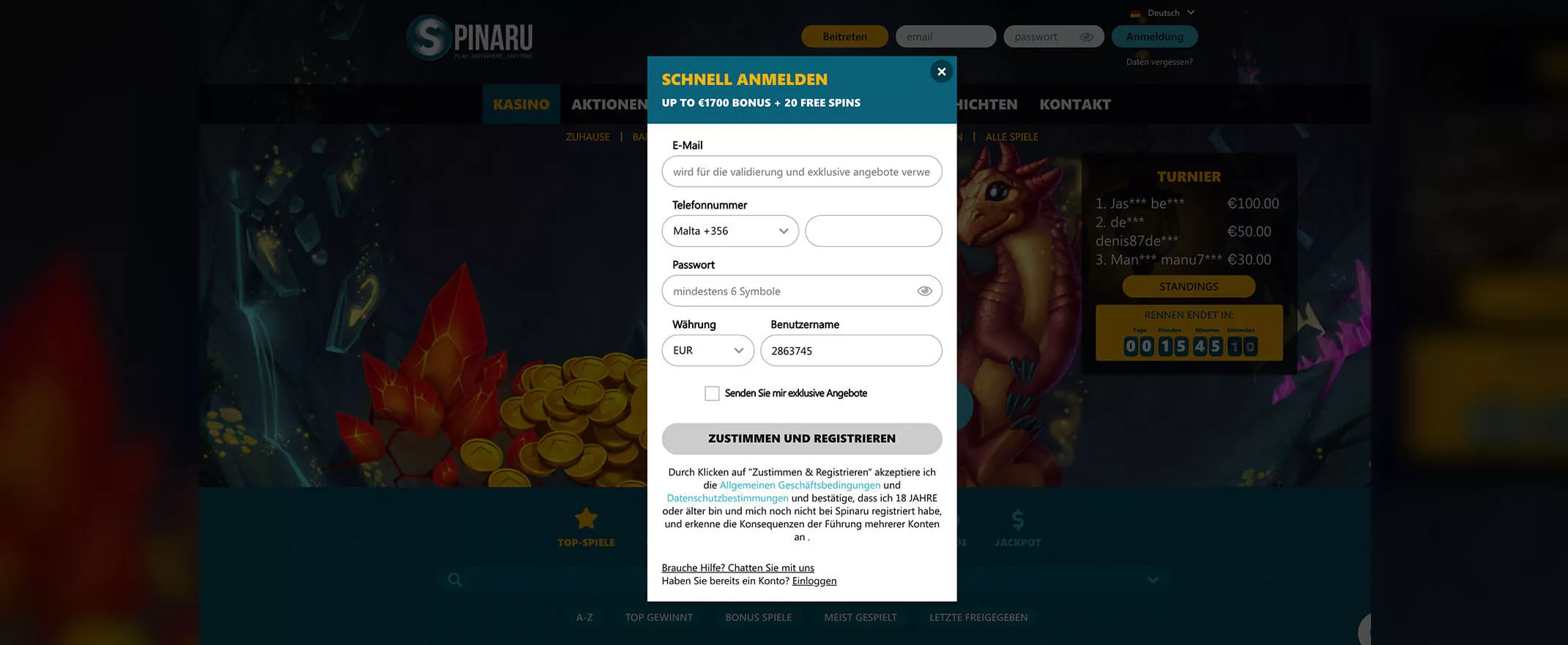 Spinaru Casino Registrierung