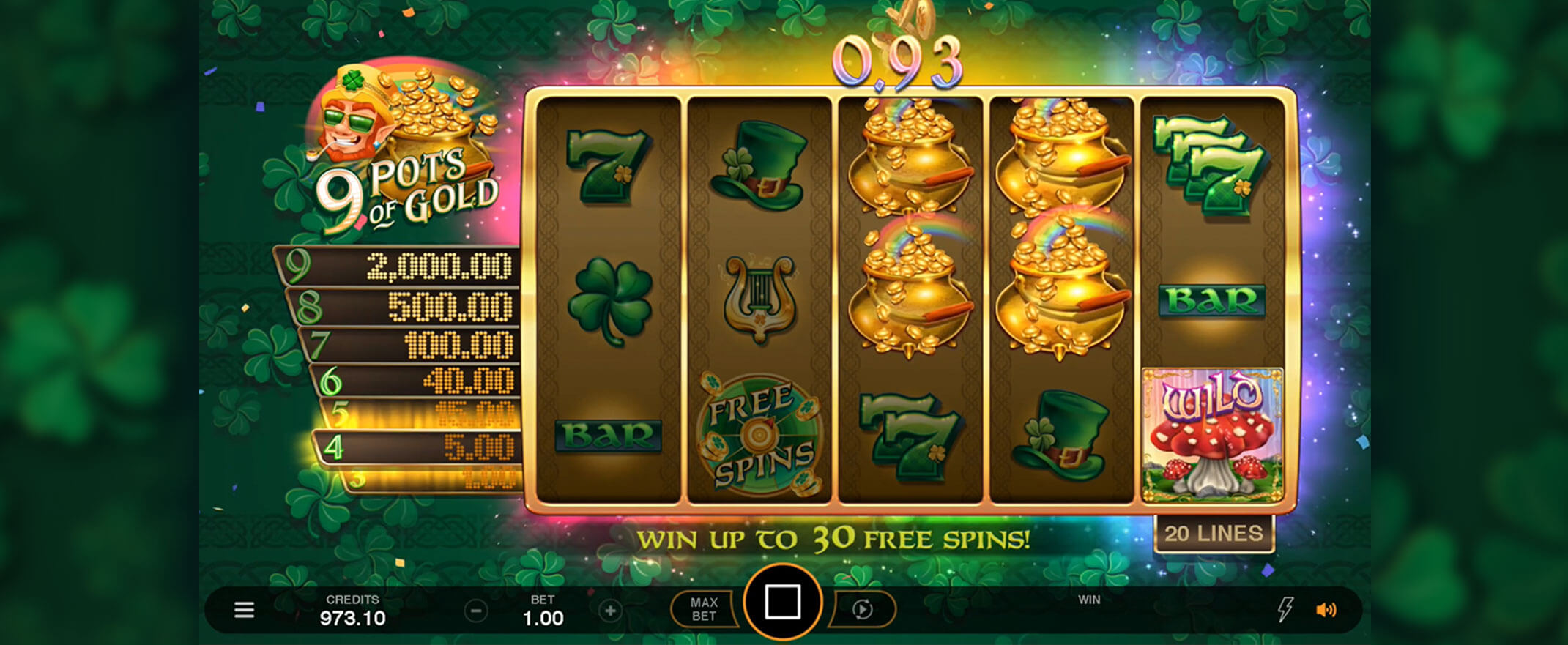 9 Pots of Gold Slot Review, image of the reels and symbols