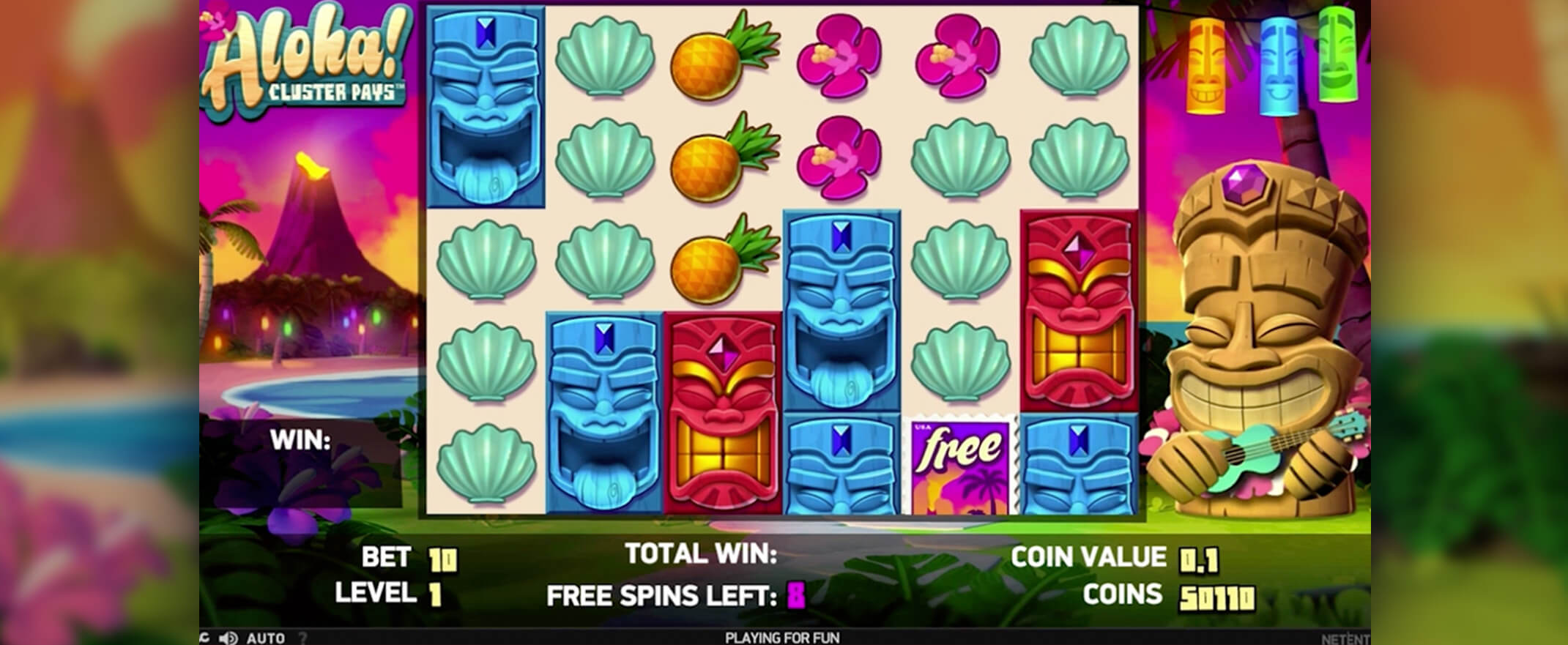 Aloha! Cluster Pays Slot Review, image of the reels and symbols