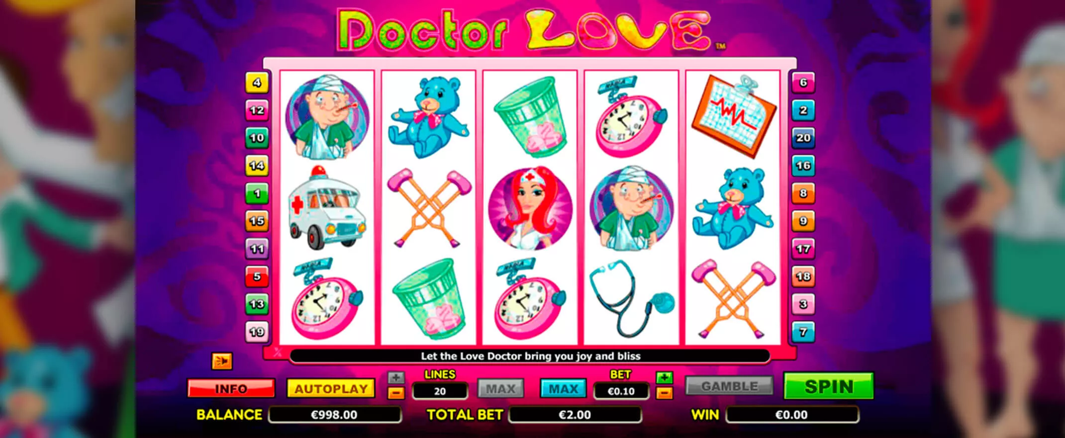 Doctor Love peliautomaatti - kuva pelin keloista ja symboleista