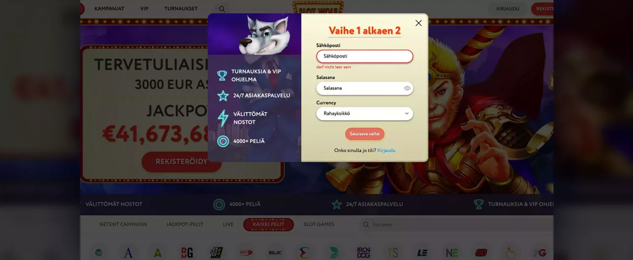 SlotWolf Casinolle rekisteröityminen