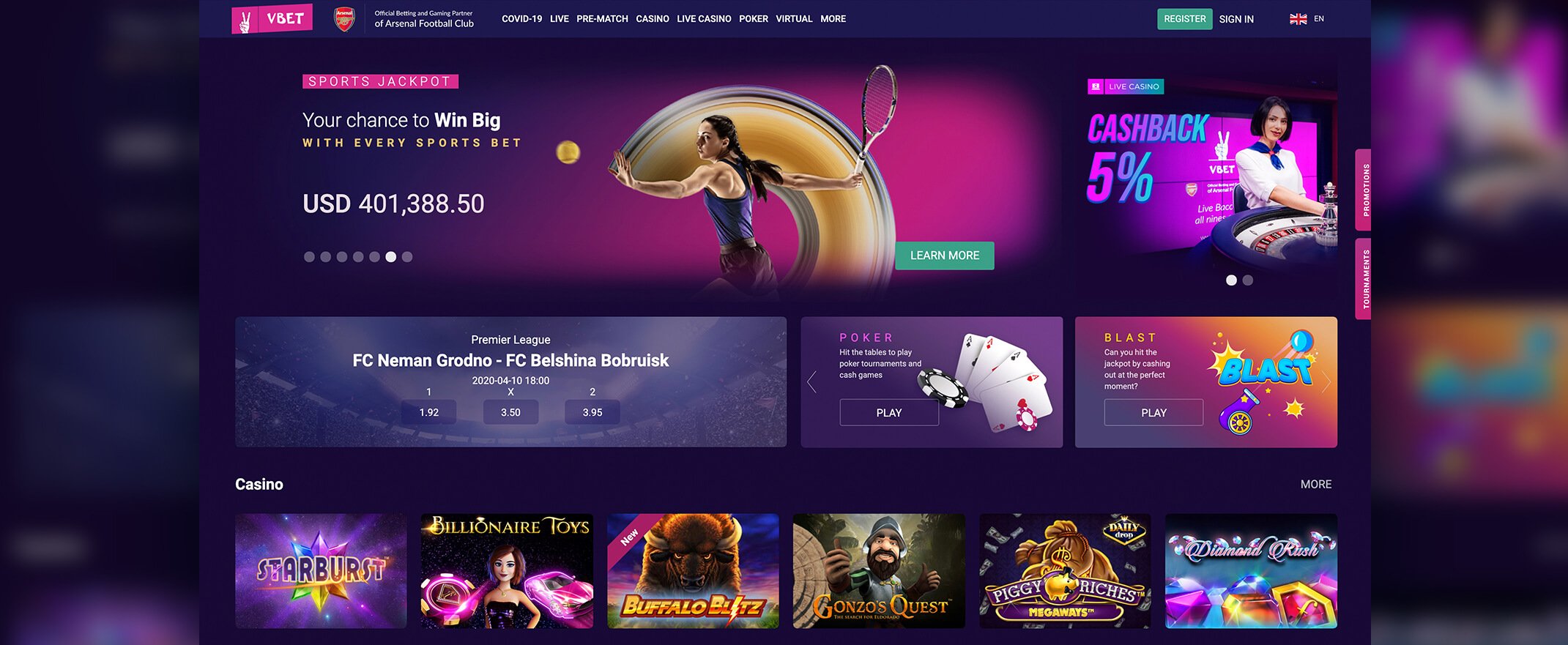 vBet Homepage Screenshot