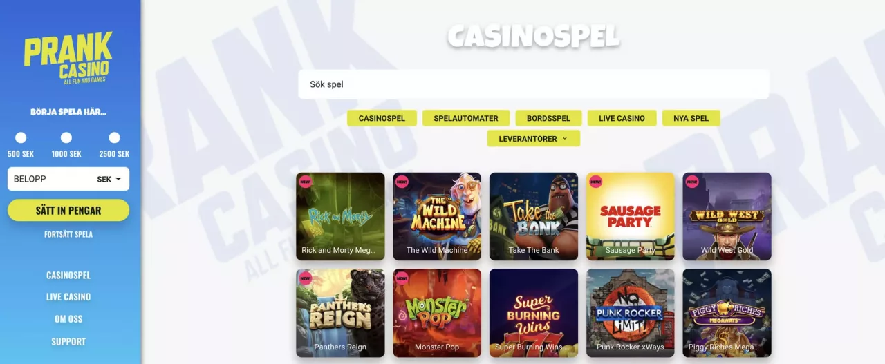 Prank Casino spelutbud