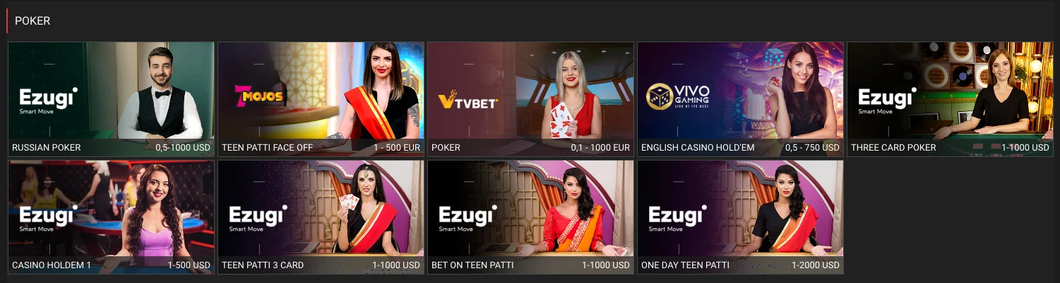 Poker Auswahl im Megapari Casino