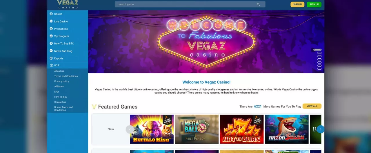 Vegaz Casinon kotisivu