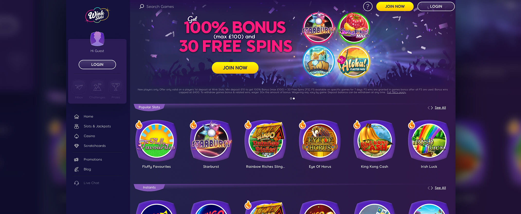 Wink Slots Casino Review Screenshot of the Homepage