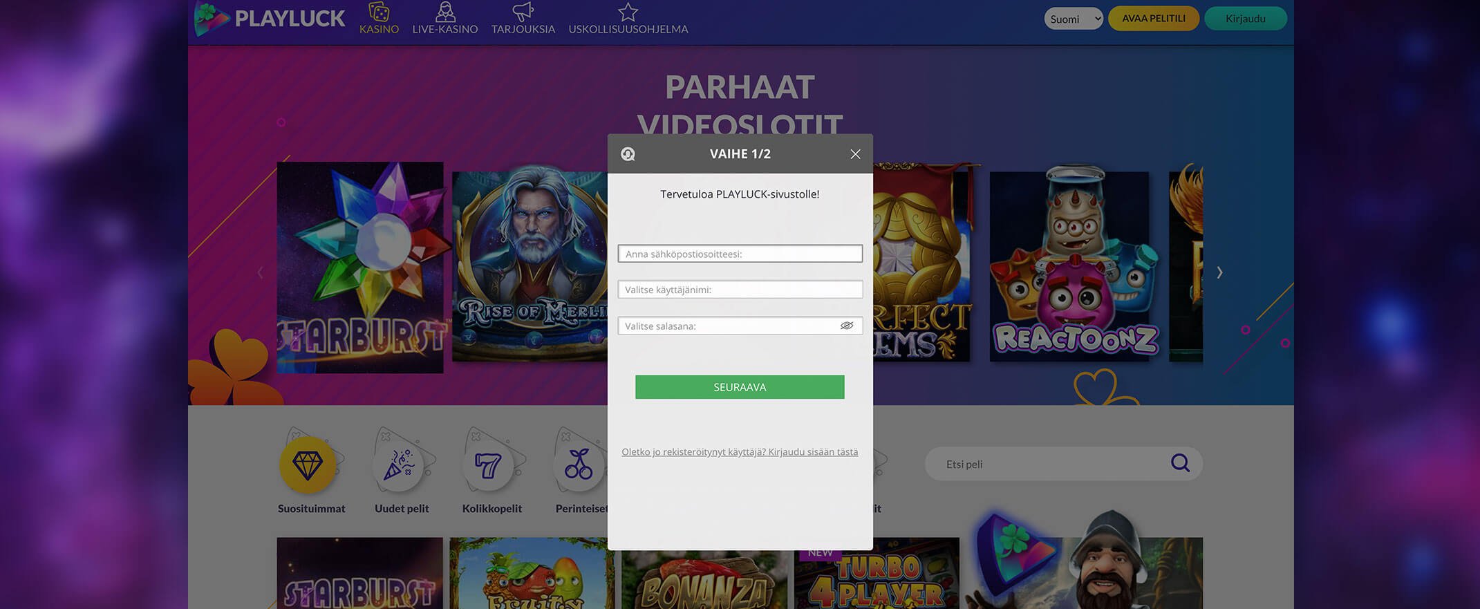 Playluck kasinolle rekisteröityminen