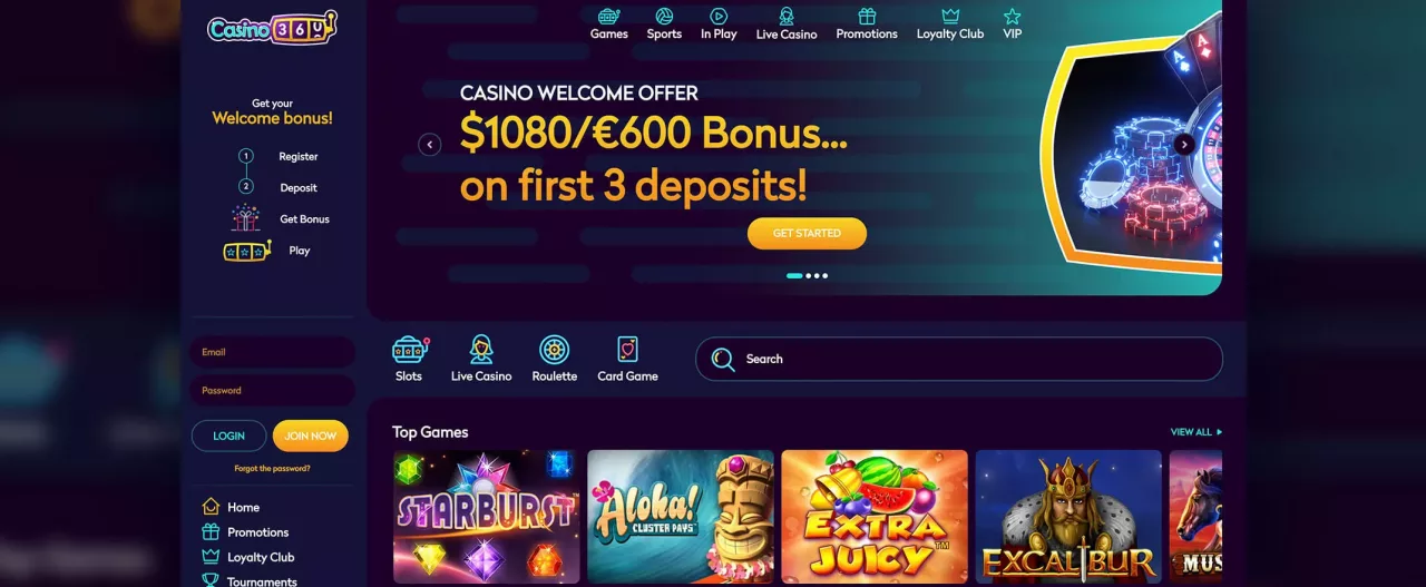 Casino360 Bewertung - Startseite des Casinos