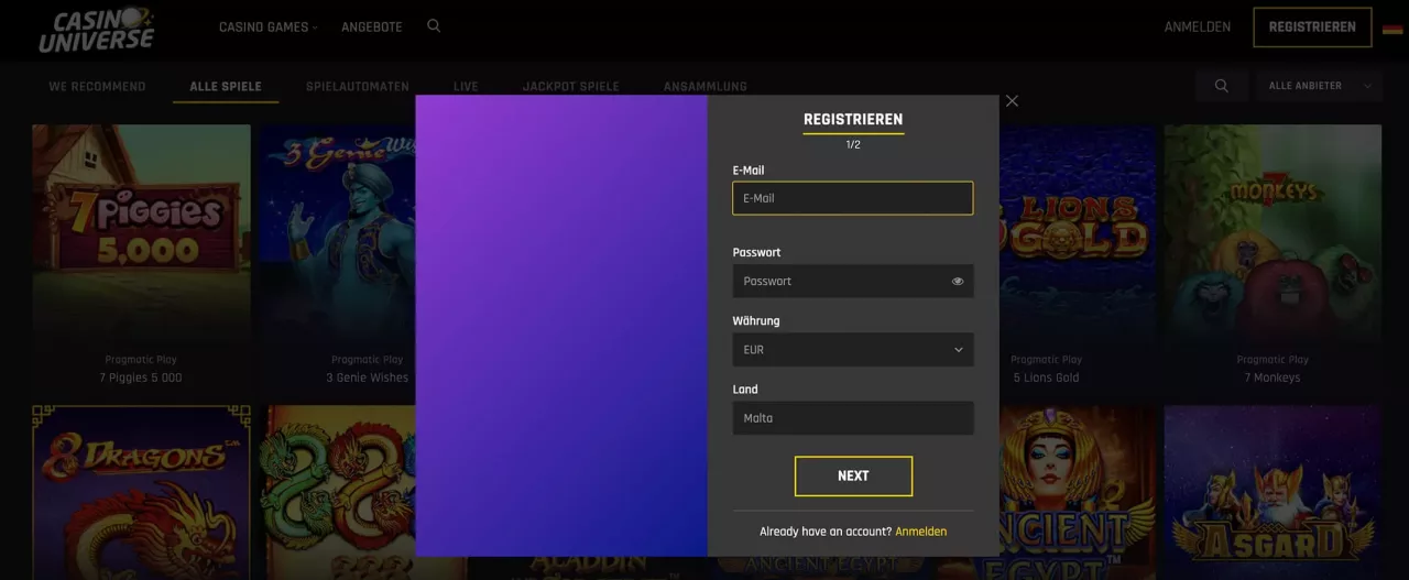 Casino Universe registrieren