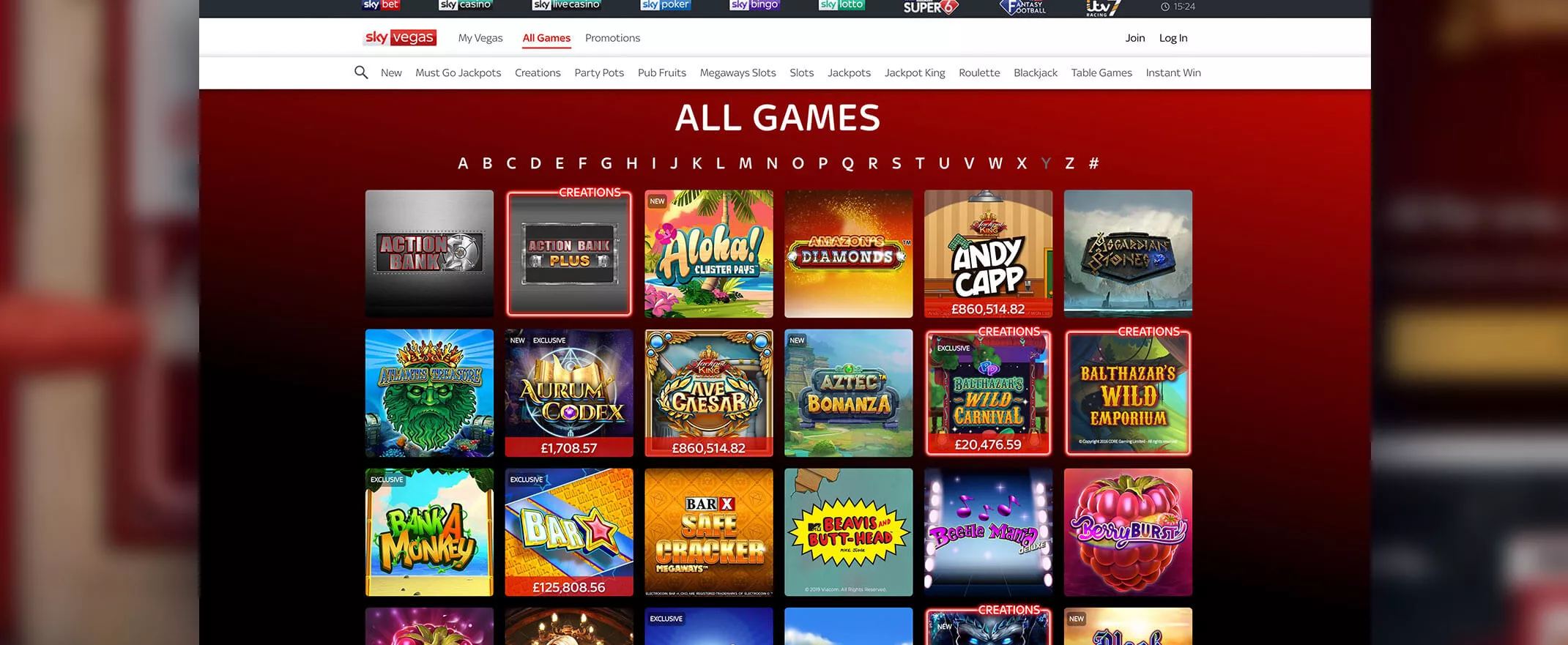 Sky Vegas games screenshot