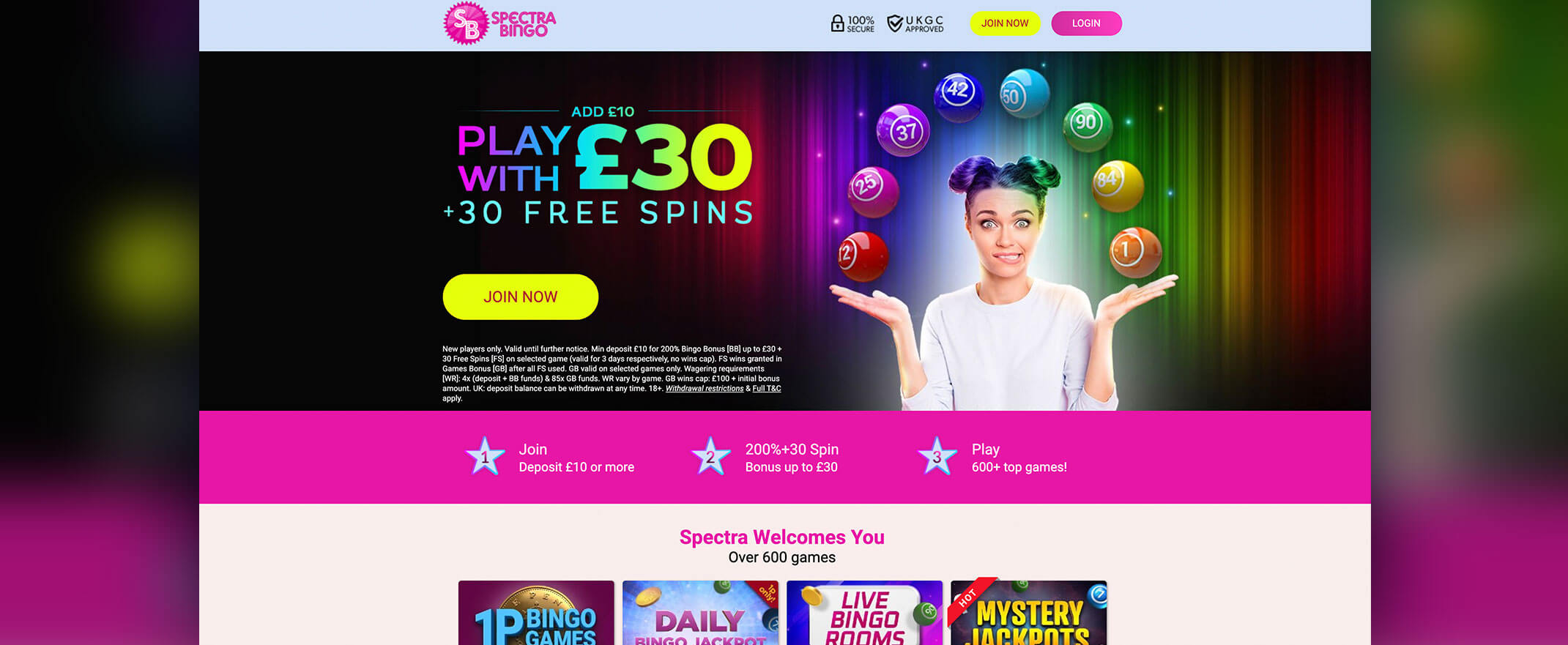 Spectra Bingo homepage screenshot #ad