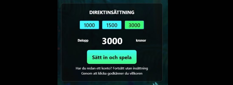 Swift casino regisreringsfönster med belopp och grönblåa knappar med svart bakgrund