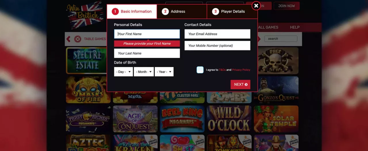 Win British Casino Registration Screenshot