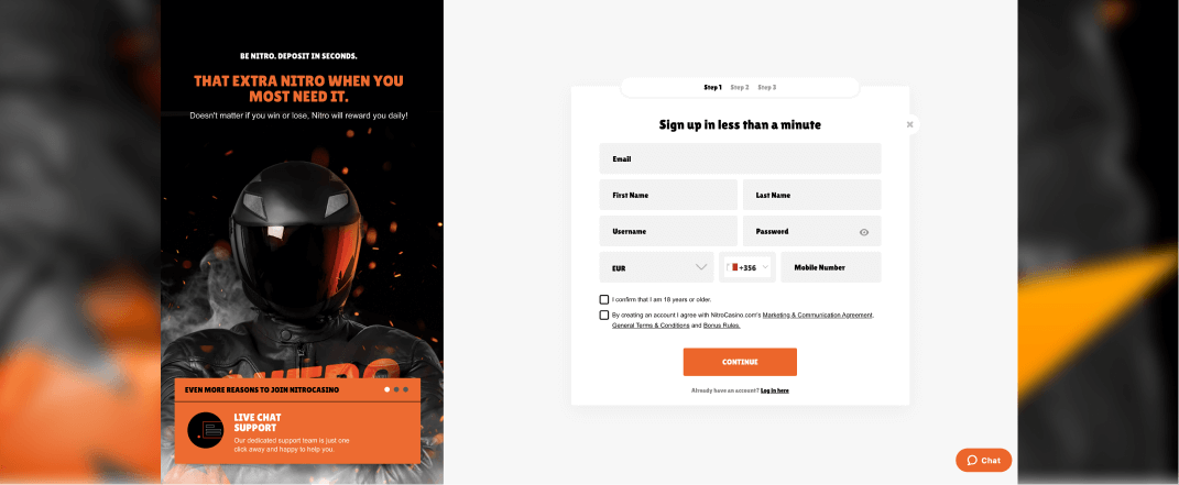 Nitro Casino registration screenshot