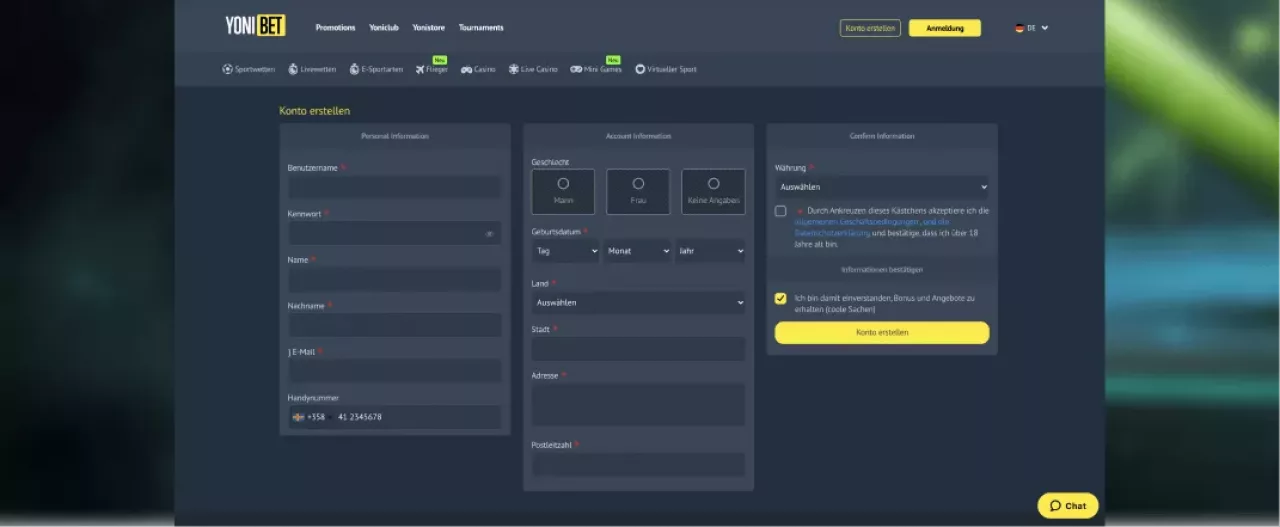 Yonibet Casino anmeldeformular