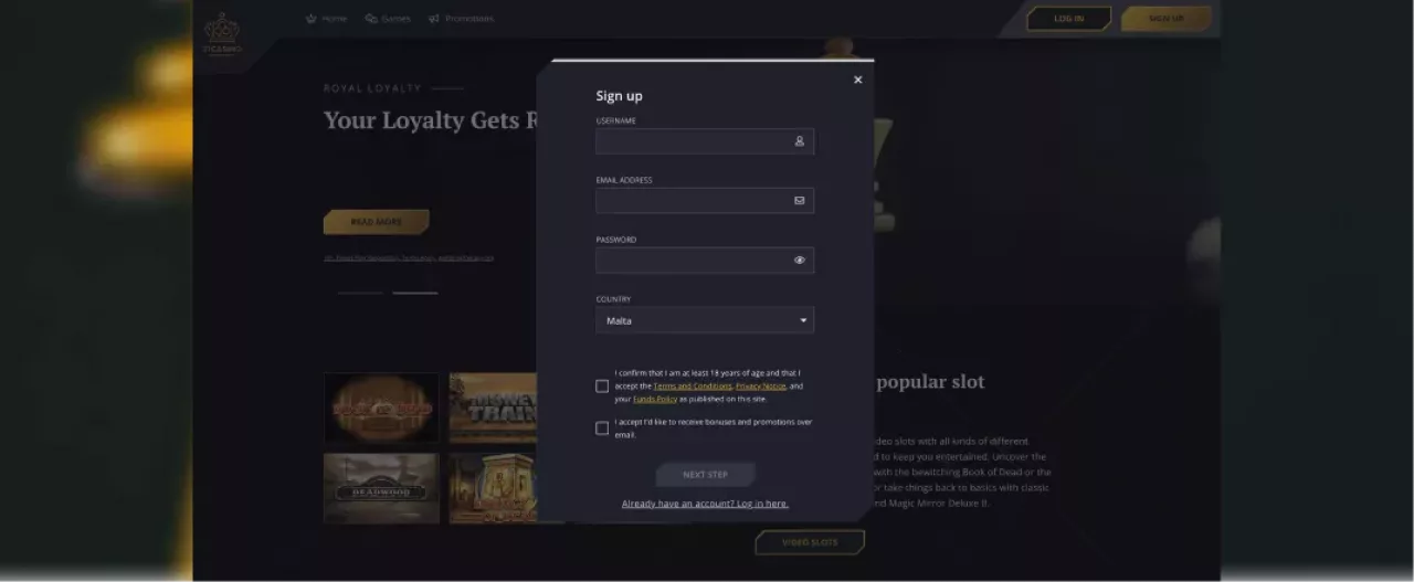 21 Casino registration screenshot