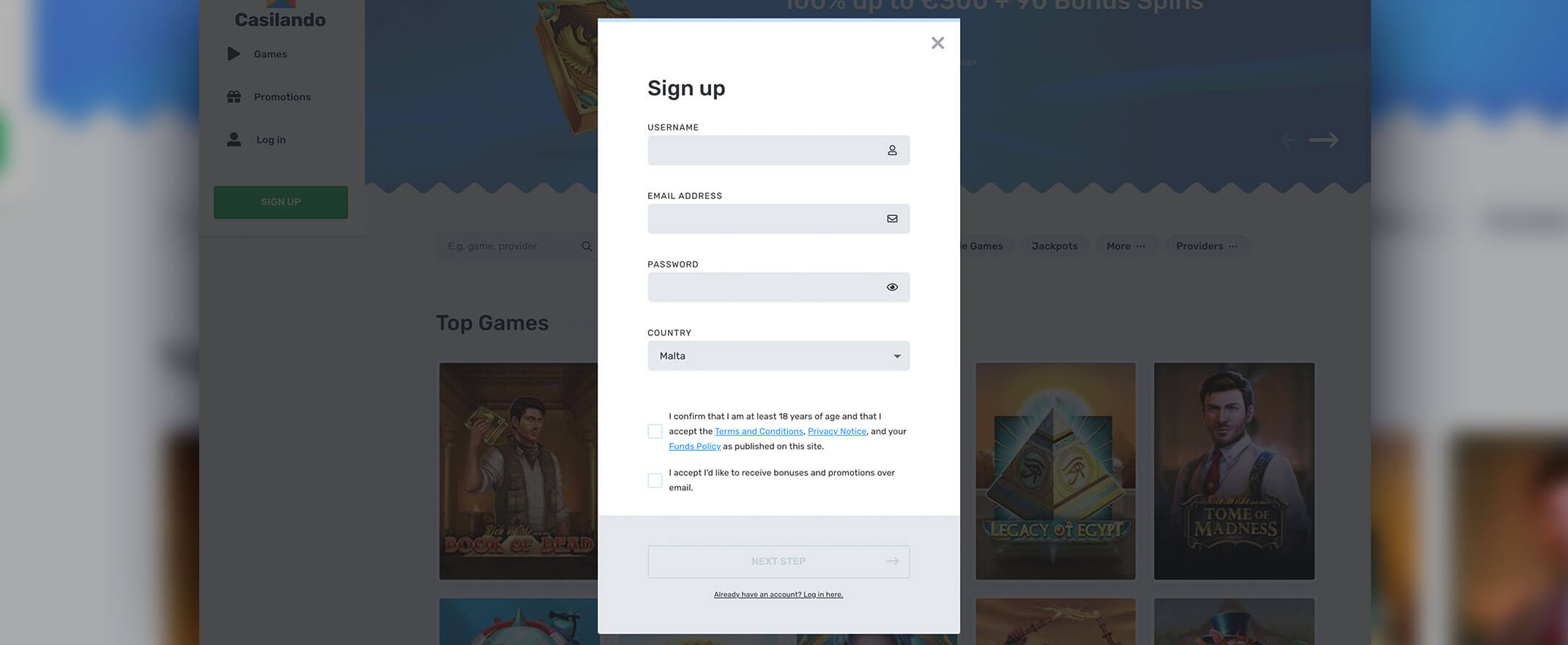 Casilando registration screenshot