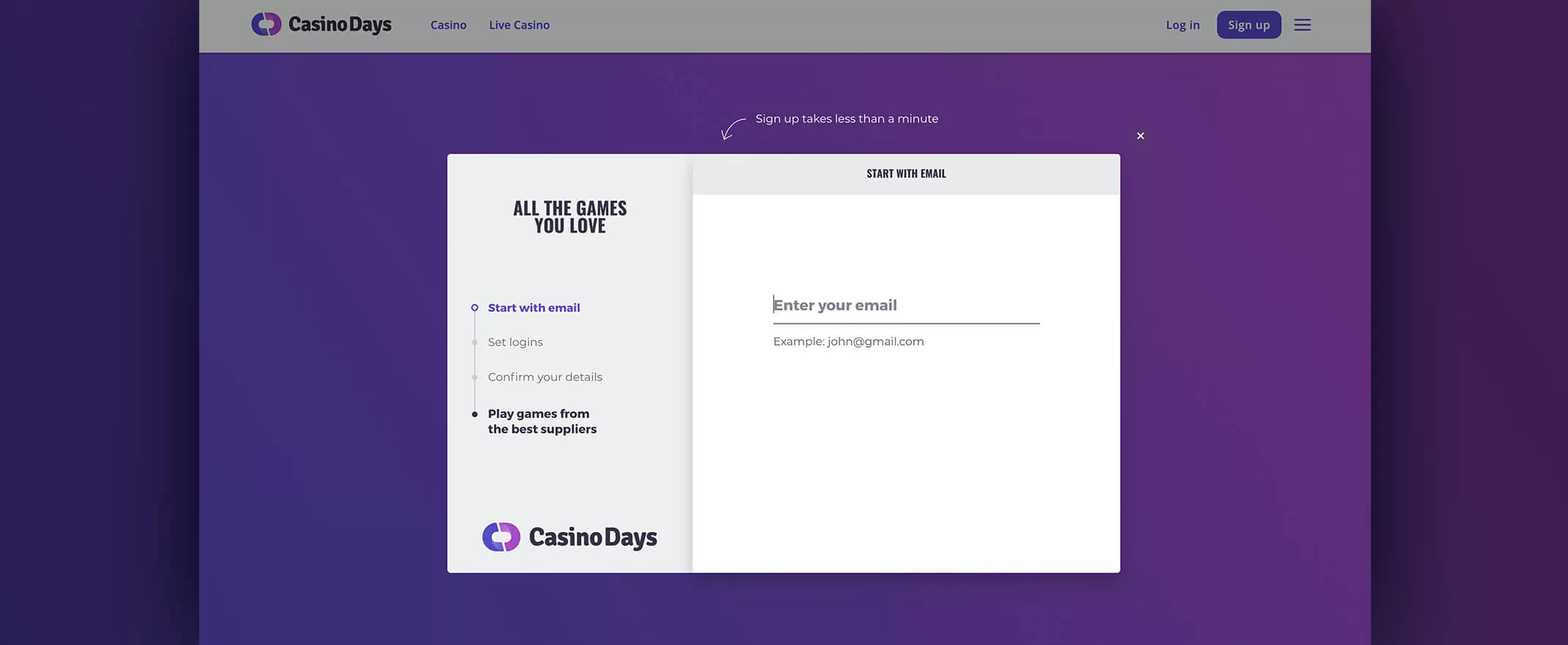 CasinoDays registration screenshot
